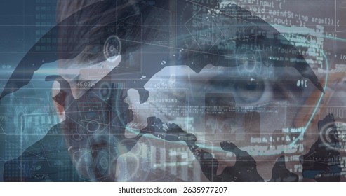 Image of data processing over male eye. Global business, finances, data processing and digital interface concept digitally generated image.