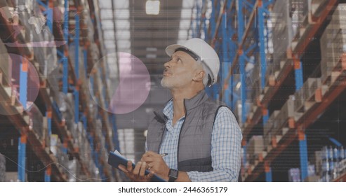 Image of data processing over man working in warehouse. global shipping, delivery and connections concept digitally generated image.