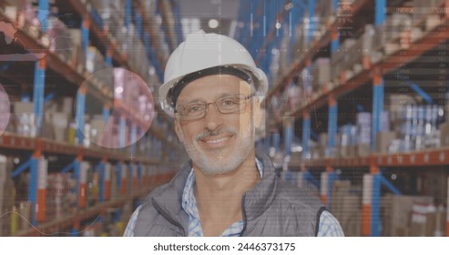 Image of data processing over man working in warehouse. global shipping, delivery and connections concept digitally generated image.