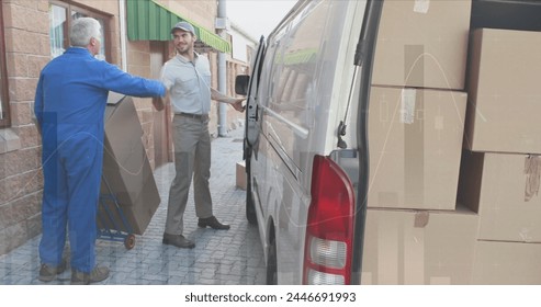 Image of data processing over man packing boxes into car. global shipping, delivery and connections concept digitally generated image.