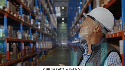 Image of data processing over man working in warehouse. global shipping, delivery and connections concept digitally generated image.