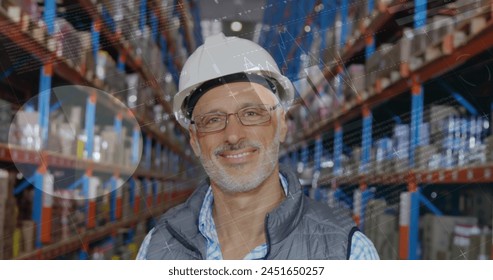 Image of data processing over man working in warehouse. global shipping, delivery and connections concept digitally generated image.
