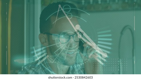 Image of data processing over man using smartphone. Global business, finances, computing and data processing concept digitally generated image. - Powered by Shutterstock