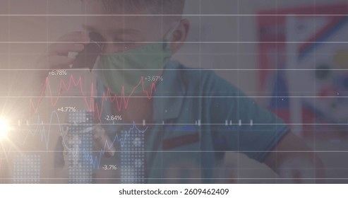 Image of data processing over man wearing face mask using microphone. global science and covid 19 pandemic concept digitally generated image.
