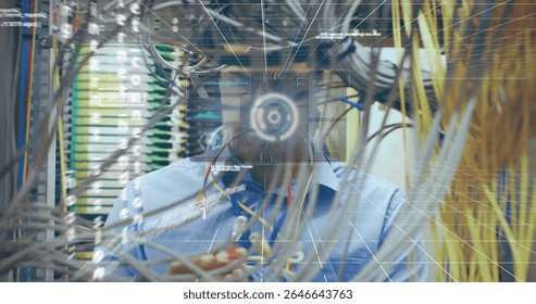 Image of data processing over man inspecting server room. global technology and digital interface concept digitally generated image.
