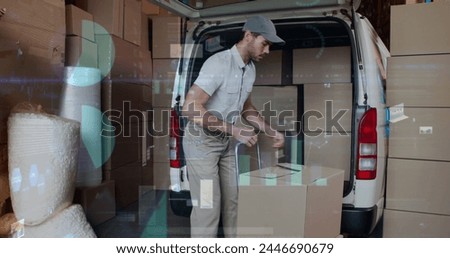 Image of data processing over man packing boxes into car. global shipping, delivery and connections concept digitally generated image.