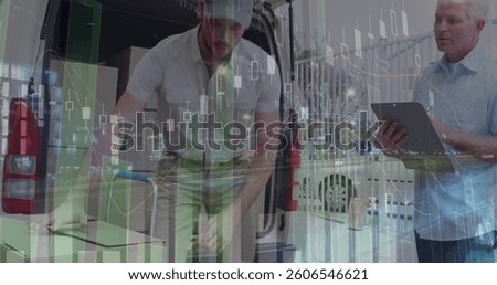 Image of data processing over man packing boxes into car. global shipping, delivery and connections concept digitally generated image.