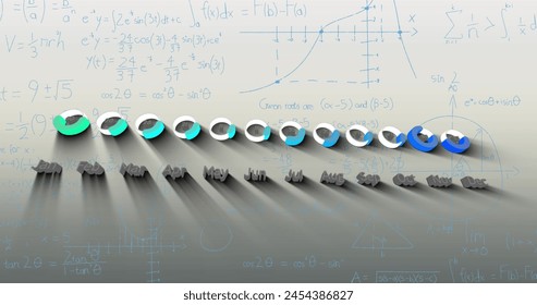Image of data processing over mathematical equations on white background. Science, equations and data processing concept digitally generated image.