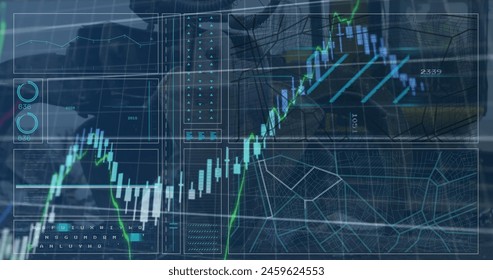 Image of data processing over media icons and van. Global network connections data processing technology and digital interface concept digitally generated image.