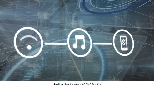 Image of data processing over media icons. Global business and digital interface concept, digitally generated image. - Powered by Shutterstock - Get 15% off with code: PIKWIZARD15