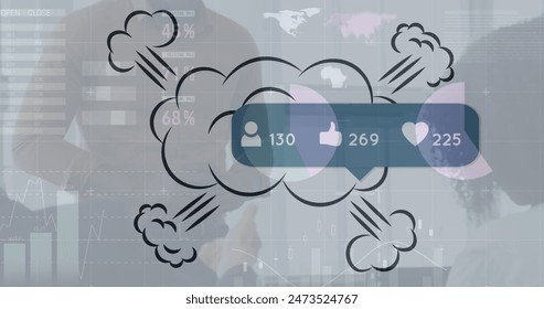 Image of data processing over media icons and diverse business people. Social media and digital interface concept digitally generated image.
