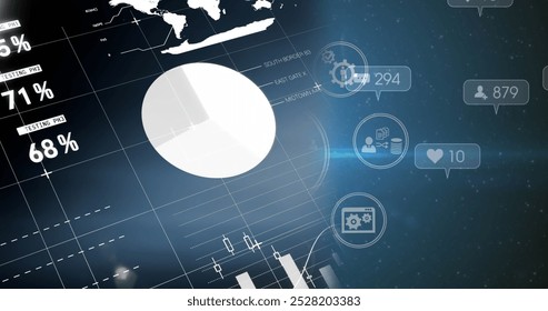 Image of data processing over media icons. Global business and digital interface concept digitally generated image.