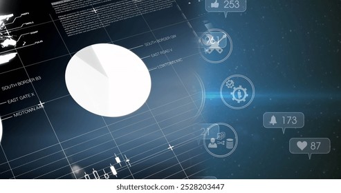 Image of data processing over media icons. Global business and digital interface concept digitally generated image.