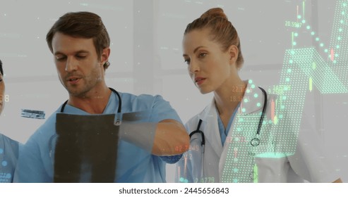 Image of data processing over medical staff. global connections, medicine , digital interface, technology and networking concept digitally generated image.
