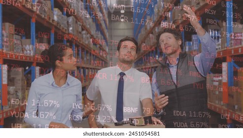 Image of data processing over men and woman working in warehouse. global data processing, shipping, delivery and connections concept digitally generated image.