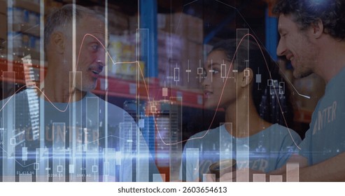 Image of data processing over men and woman working in warehouse. global shipping, delivery and data processing concept digitally generated image.