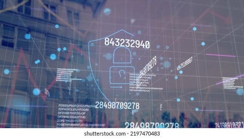 Image of data processing over modern building. global business, finances and digital interface concept digitally generated image.