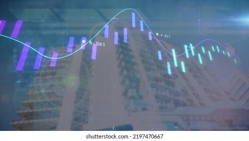 Image of data processing over modern building. global business, finances and digital interface concept digitally generated image.