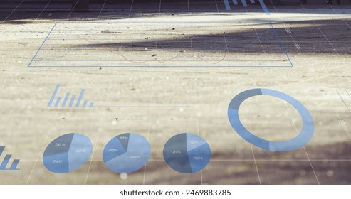 Image of data processing over modern neon ecuador on brick background. Business digital interface technology and communication concept digitally generated image.