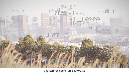 Image of data processing over modern cityscape. Network, data, digital interface, connection, business and communication, digitally generated image.