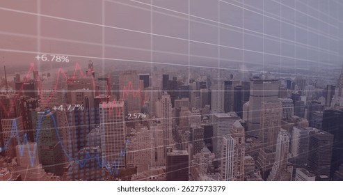Image of data processing over modern building and grid. Sport and competition concept digitally generated image.