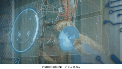 Image of data processing over moving world map. Global business connections digital interface and technology concept digitally generated image.