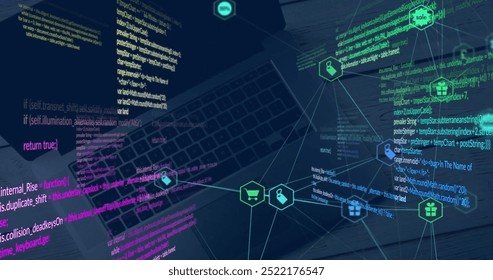 Image of data processing over network of retail business icons on black background. Connection, online shopping, business, digital interface and communication, digitally generated image.