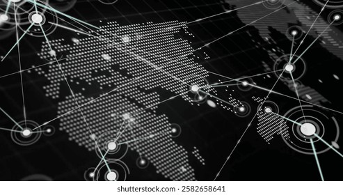 Image of data processing over network and pixel globe on black background. Data, digital interface, connection, processing and global communication, digitally generated image.