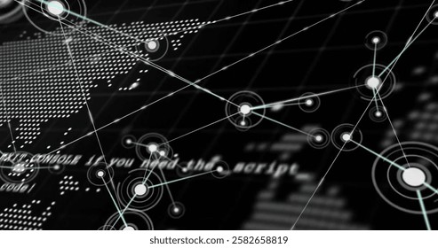 Image of data processing over network and pixel globe on black background. Data, digital interface, connection, processing and global communication, digitally generated image.