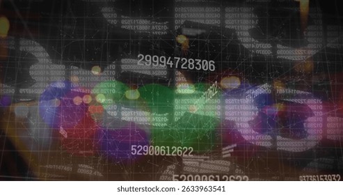Image of data processing over networks of connections on black background. Global science, connections, data processing and digital interface concept digitally generated image.