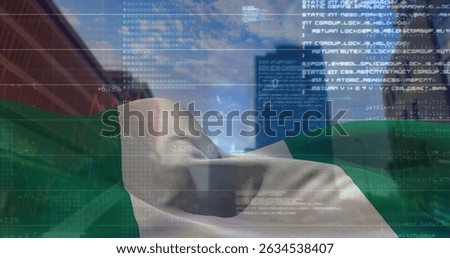 Image of data processing over nigeria flag against tall buildings. Global finance and business technology concept