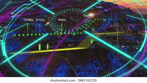 Image of data processing over night cityscape. Global digital interface technology and networking concept digitally generated image.
