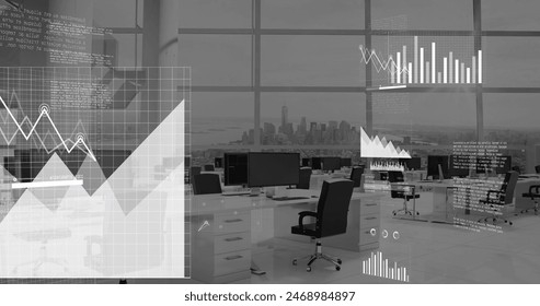 Image of data processing over office desks with computers. Global business, communication and digital interface concept digitally generated image.