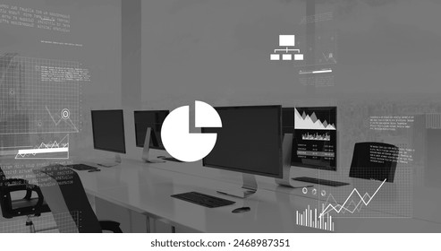 Image of data processing over office desks with computers. Global business, communication and digital interface concept digitally generated image.