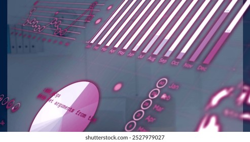 Image of data processing over office. Global business and digital interface concept digitally generated image.