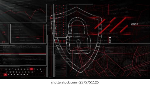 Image of data processing over padlock and shield. Global online security, business, finances, computing and data processing concept digitally generated image.