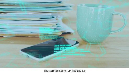 Image of data processing over papers and smartphone. Global business, finances, digital interface, computing and data processing concept digitally generated image.