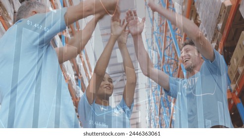 Image of data processing over people working in warehouse. global shipping, delivery and connections concept digitally generated image.
