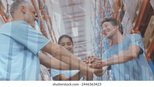 Image of data processing over people working in warehouse. global shipping, delivery and connections concept digitally generated image.