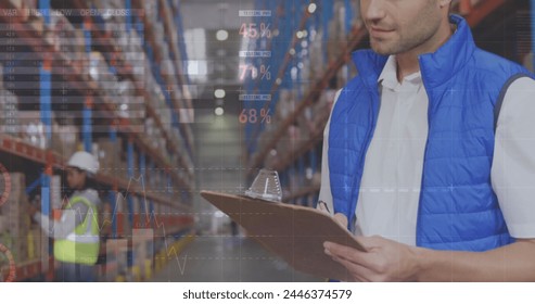 Image of data processing over people working in warehouse. global shipping, delivery and connections concept digitally generated image.