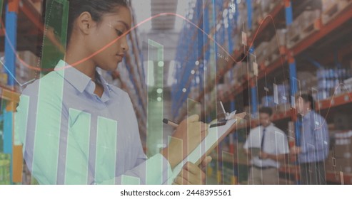 Image of data processing over people working in warehouse. global shipping, delivery and connections concept digitally generated image.