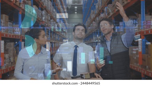 Image of data processing over people working in warehouse. global shipping, delivery and connections concept digitally generated image.