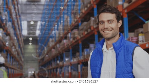 Image of data processing over people working in warehouse. global shipping, delivery and connections concept digitally generated image.