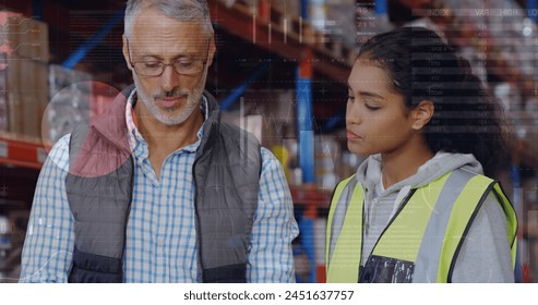 Image of data processing over people working in warehouse. global shipping, delivery and connections concept digitally generated image.