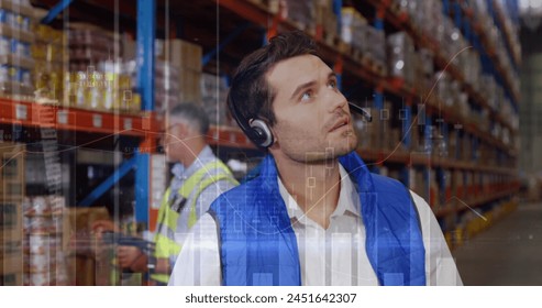 Image of data processing over people working in warehouse. global shipping, delivery and connections concept digitally generated image.