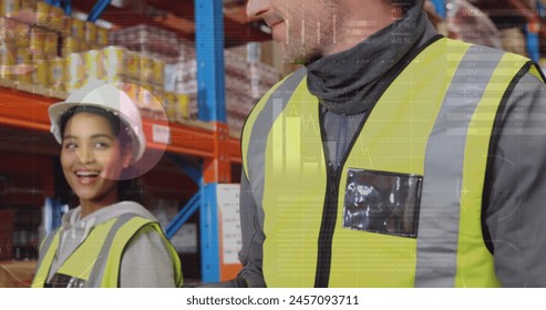 Image of data processing over people working in warehouse. Global shipping and connections concept digitally generated image.