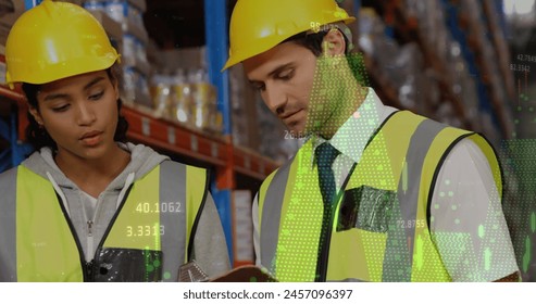 Image of data processing over people working in warehouse. Global shipping business and finance concept digitally generated image.