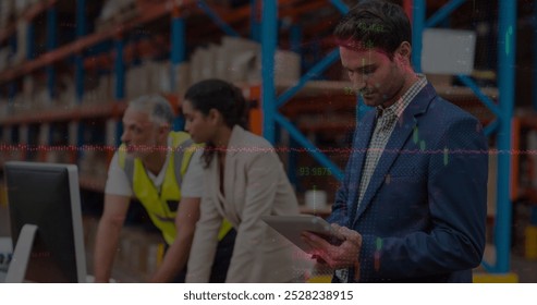 Image of data processing over people working in warehouse. Global shipping delivery and connections concept digitally generated image.