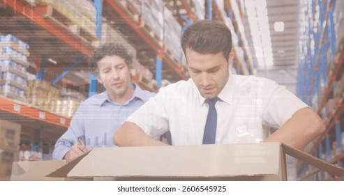 Image of data processing over people working in warehouse. global shipping, delivery and connections concept digitally generated image.
