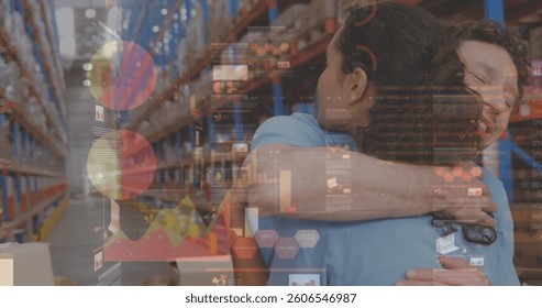 Image of data processing over people embracing in warehouse. global shipping, delivery and connections concept digitally generated image.